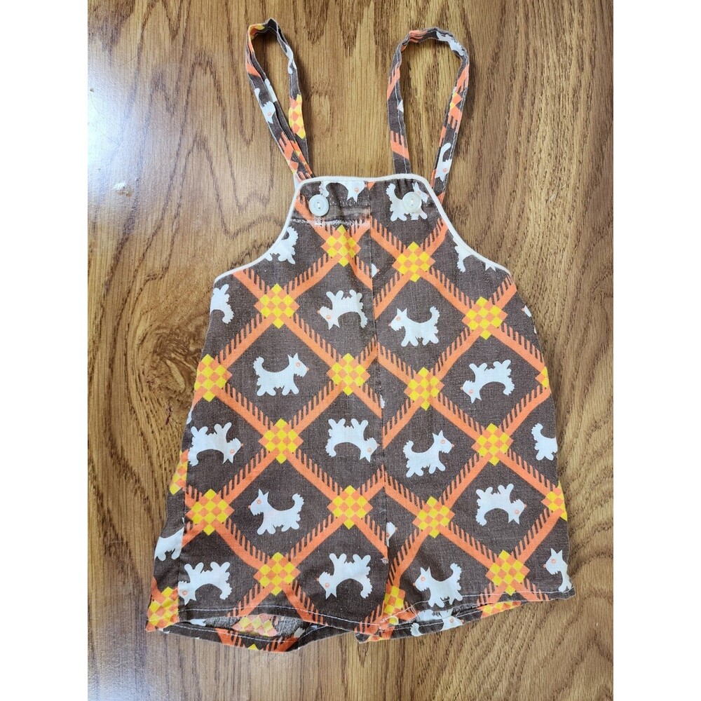 Vintage 70s Sunsuit Romper Baby Toddler Plaid Scottie Dog Brown Orange Retro